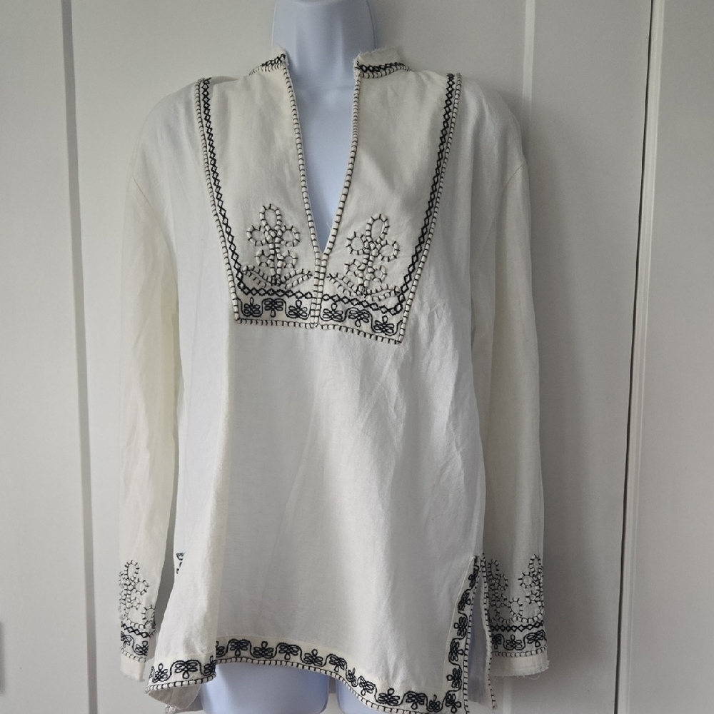 Zara Cream Long Sleeve Embroidered Tunic with Mandarin Collar